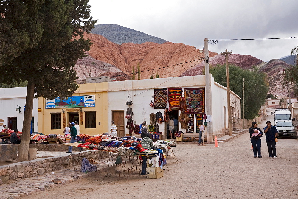 Mart in Purmamarca at the multicolored hill Cerro de los Siete Colores, Quebrada de Humahuaca, Argentina, South America