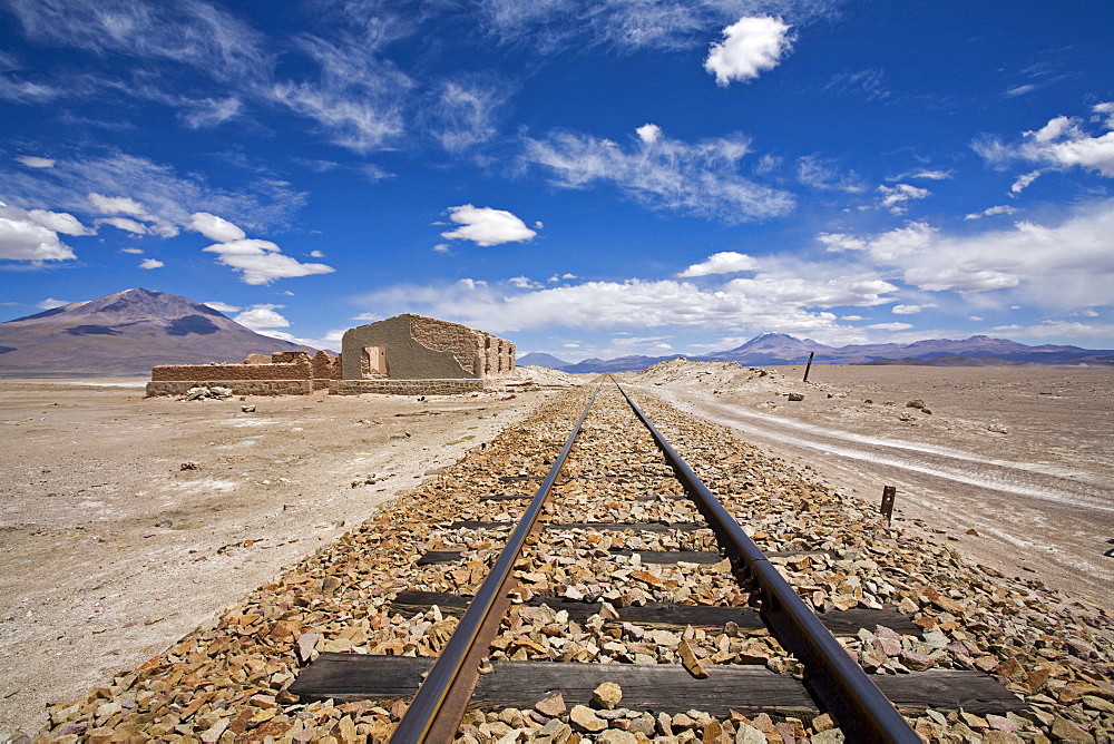 Rails with a ruin, Altiplano, Bolivia, South America