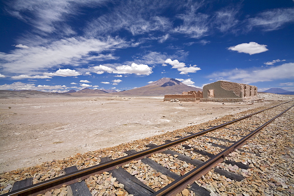 Rails with a ruin, Altiplano, Bolivia, South America