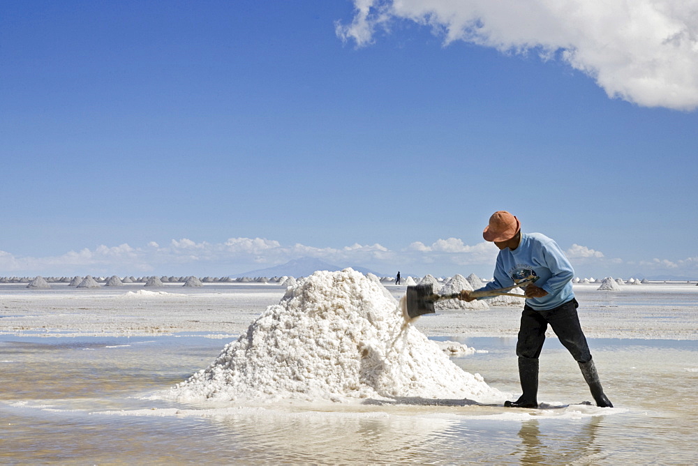 Salt worker makes Salt accumulation, salt lake Salar de Uyuni, Altiplano, Bolivia, South America