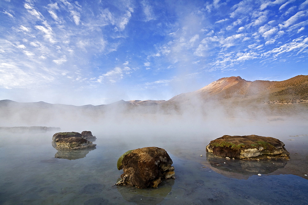 Natural thermal springs Polloquere, salt lake Salar de Surire, national park Reserva Nacional Las Vicunas, Chile, South America