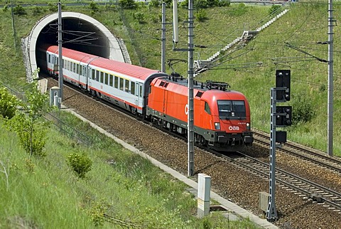 An Austrian Federal Railways passenger train on the western railway line near St. Poelten in Lower Austria, Austria, Europe