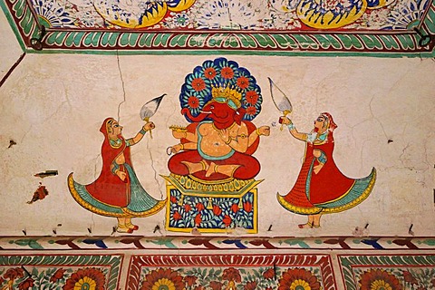 Haveli, Ganesha, fresco, painting, figures, Alsisar, India