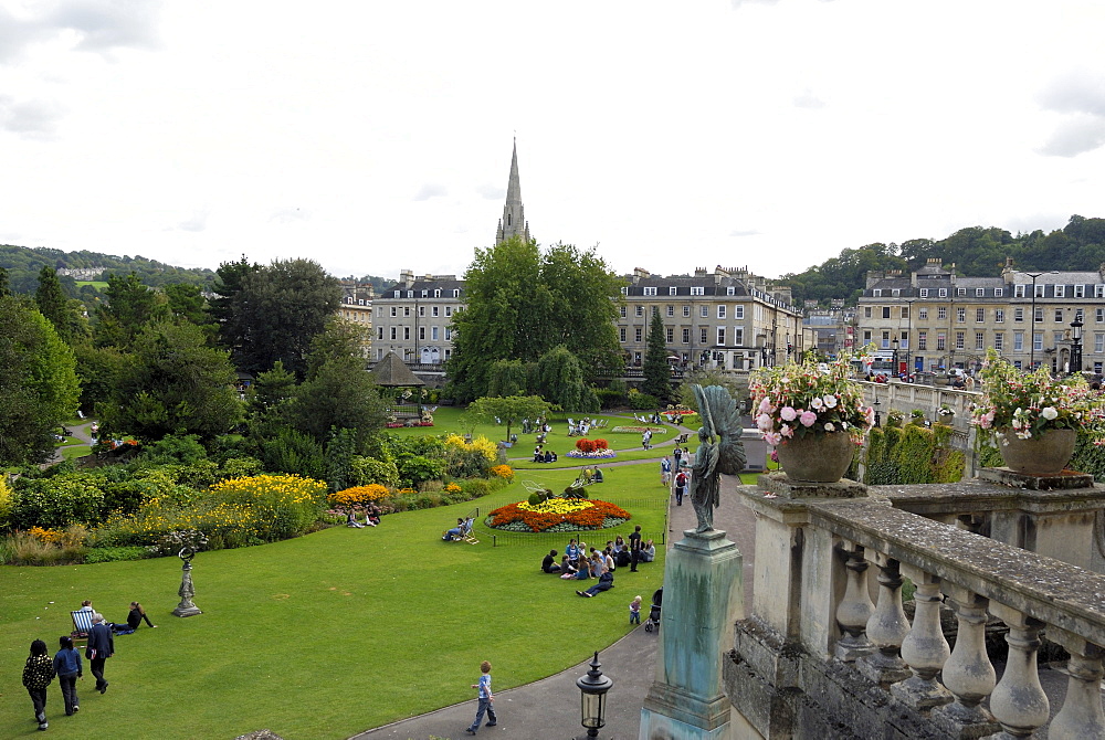 Parade Gardens surrounded by historic buildings, Bath, Wessex, England, UK