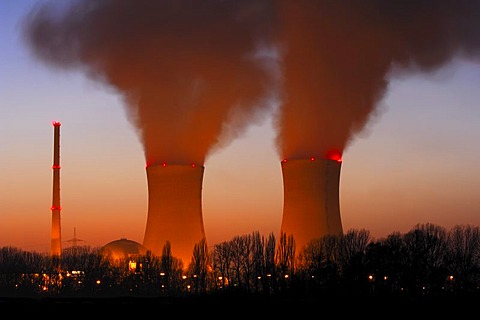 Nuklear power station in the evening, Grafenrheinfeld, Unterfranken, Bavaria, Germany