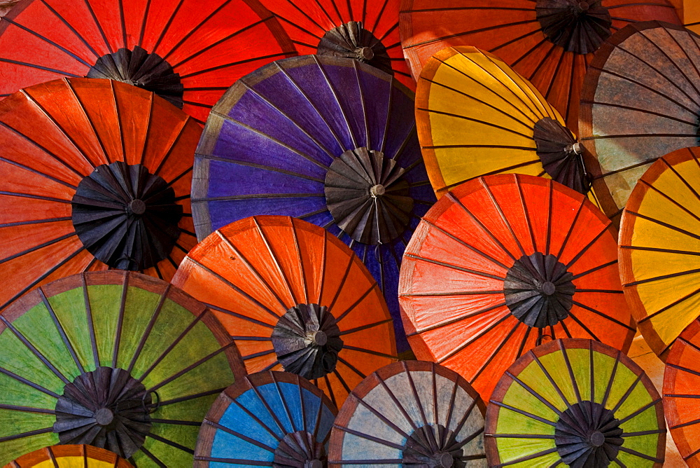 Various hand-made coloured paper umbrellas