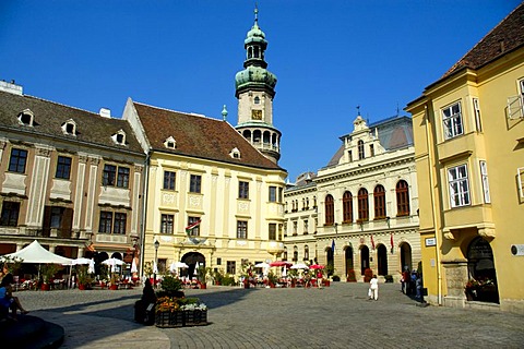 Center market square with tower of Sopron odenburg Hungary