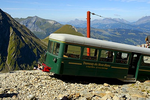 Final station Le Nid d'Aigle of Tramway du Mont Blanc with train Haute-Savoie France