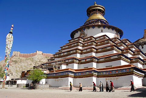 Tibetan pilgrims at kora around Kumbum Pelkor Chode Monastery Gyantse Tibet China