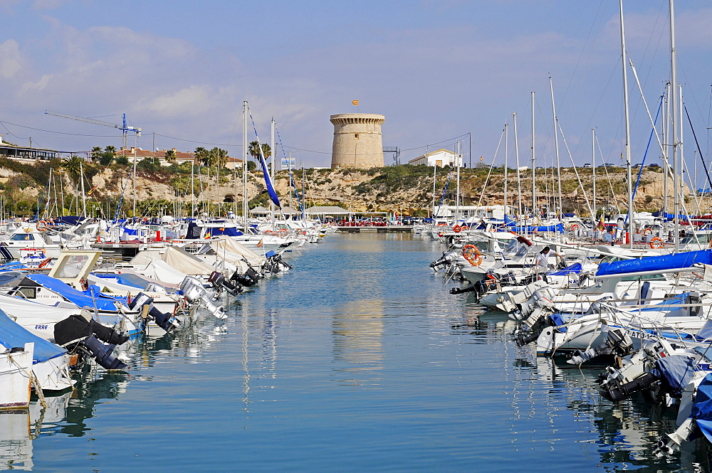 Watchtower and marina, El Campello, Alicante, Costa Blanca, Spain