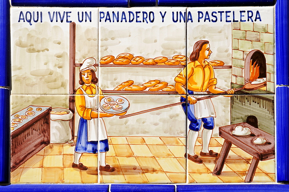 Bakery, pastry shop, Spanish tiles, Gata de Gorgos, Alicante, Costa Blanca, Spain