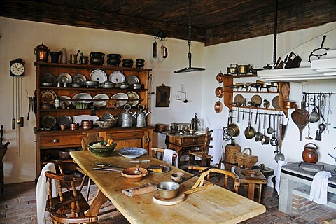 Historic kitchen, interior arrangement, Lenzburg Castle, historical museum, Aargau, Switzerland, Europe