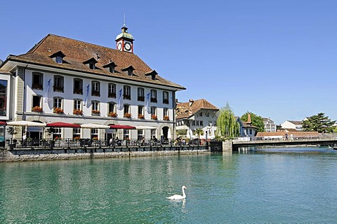 Restaurant, hotel, riverside, bridge, historic district, Aare River, Thun, Canton of Berne, Switzerland, Europe