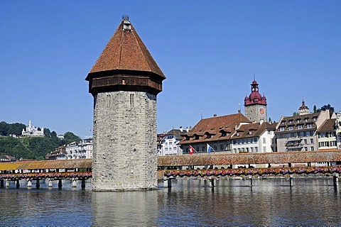 Kapellbruecke, Chapel Bridge, water tower, Reuss River, Switzerland, Europe