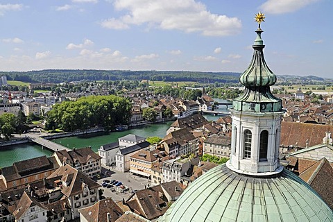 View of the city, Aare River, historic district, church tower, St. Ursen, cathedral, Solothurn, Switzerland, Europe