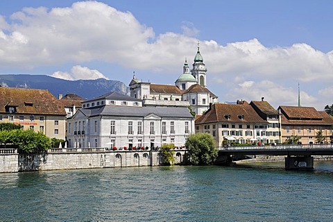 Aare River, metropolitan theatre, Palais Besenval, St. Ursen, cathedral, Solothurn, Switzerland, Europe