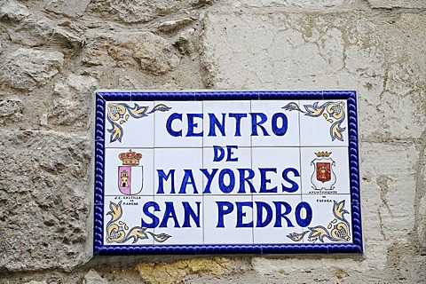 Spanish tiles, azulejos, old people's home, centre for the aged, Cuenca, Castile-La Mancha, Spain, Europe