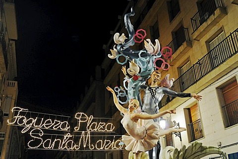 Hogueras de San Juan, Fogueres de Sant Joan, fiesta, festival, papiermache figures, colourful lights, Santa Maria square, evening, night, Alicante, Costa Blanca, Spain, Europe