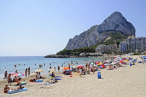 People, Playa La Fossa, beach, mountain, Penon de Ifach, Calpe, Costa Blanca, Alicante, Spain, Europe