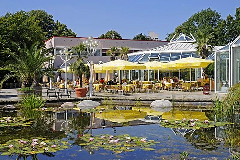 Water-lily pond, orangery, people, catering, Grugapark, Essen, Ruhrgebiet, Ruhr Area, North Rhine-Westphalia, Germany, Europe