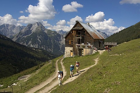 Plumsjochhuette lodge the way to the Plumsjoch in the Eng Karwendel Mountain National Park Rissbach valley Tyrol Austria