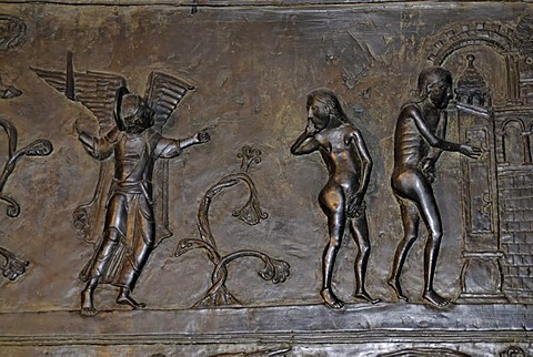 Hildesheim Lower Saxony Germany Dom church bronze doors from 1015 with the history of Adam