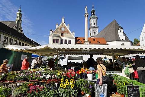 Freising Upper Bavaria Germany green market on the Marienplatz in front of the city hall and the parish church St Georg