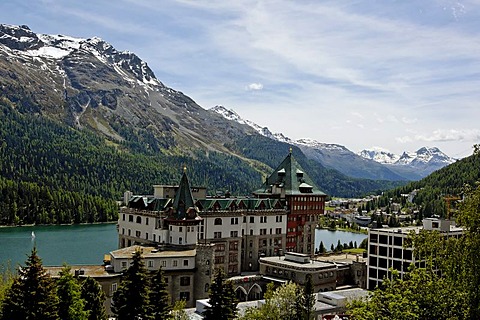 St. Moritz Upper Engadin Canton Graubuenden Switzerland Badrutts Palace Hotel with the St. Moritz Lake