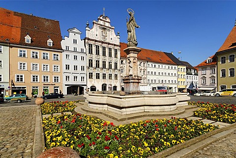 Landsberg upon the river Lech Upper Bavaria Germany Hauptplatz main square with Mary's fountain and the city hall of Dominkus Zimmermann