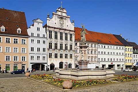 Landsberg upon the river Lech Upper Bavaria Germany Hauptplatz main square with Mary's fountain and the city hall of Dominkus Zimmermann