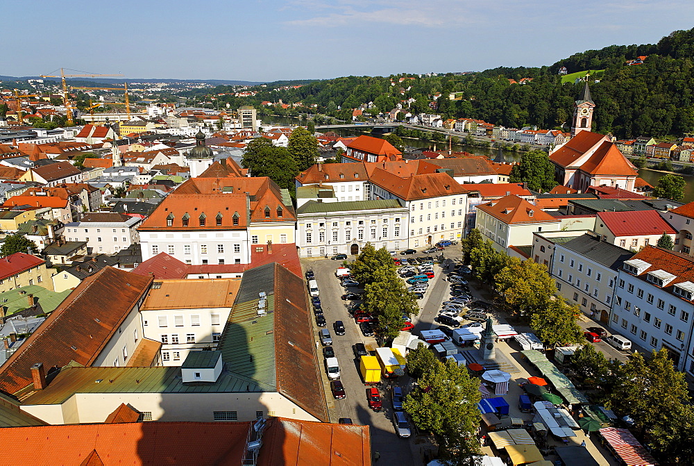 Passau Lower Bavaria Germany from the southern tower of the cathedral to Domplatz with canon's houses and green market