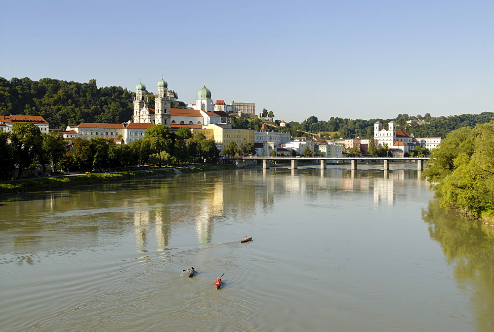 Passau Lower Bavaria Germany from the Fuenferlsteg to the old town with the cathedral St Stephan