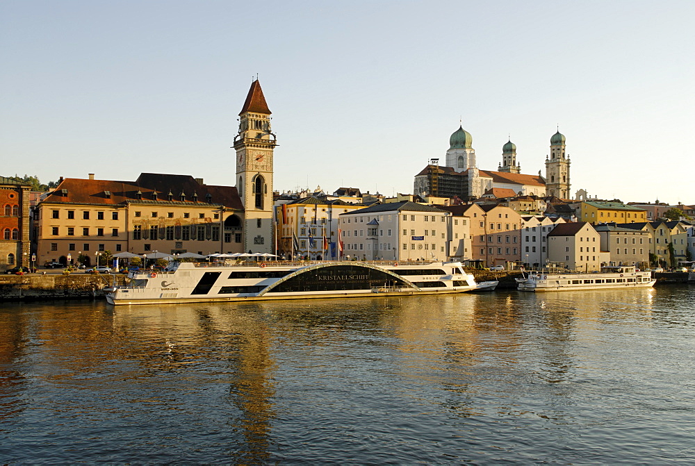 Passau Lower Bavaria Germany old town with city hall and cathedral St Stephan above the river Danube