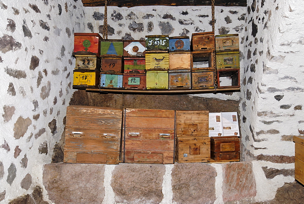 Plattner Bienenhof bee museum, historical bee hives, near Oberbozen at the Ritten Renon near Bozen Southern Tyrol Italy