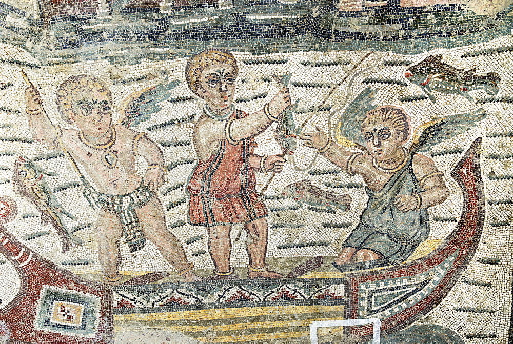 Puttos as fishermen in a boat mosaic floor Villa Casale Piazza Armerina Sicily Italy