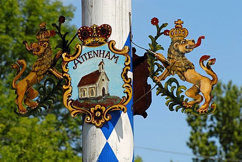 Detail of a Bavarian maypole, coat of arms of Attenham, Bavaria, Germany