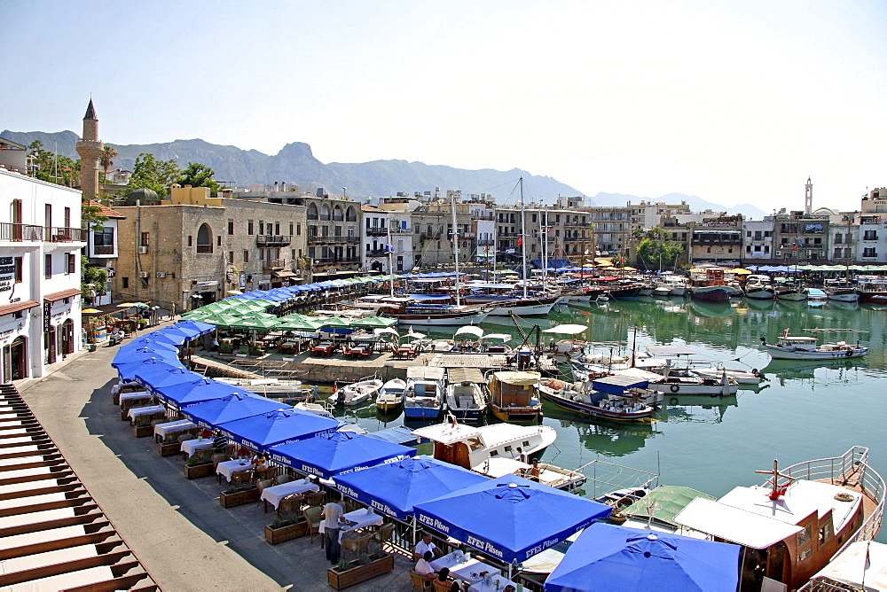 Kyrenia, town centre and marina, with the Pentadaktylos-Besparmak mountains in the background, Northern Cyprus, Cyprus, Europe