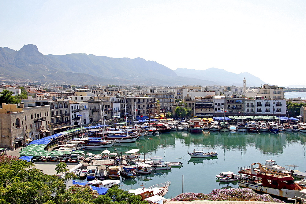 Kyrenia, town centre and marina, with the Pentadaktylos-Besparmak mountains in the background, Northern Cyprus, Cyprus, Europe