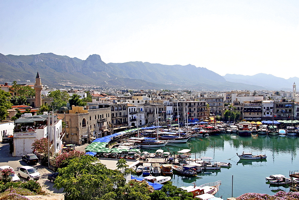 Kyrenia, town centre and marina, with the Pentadaktylos-Besparmak mountains in the background, Northern Cyprus, Cyprus, Europe