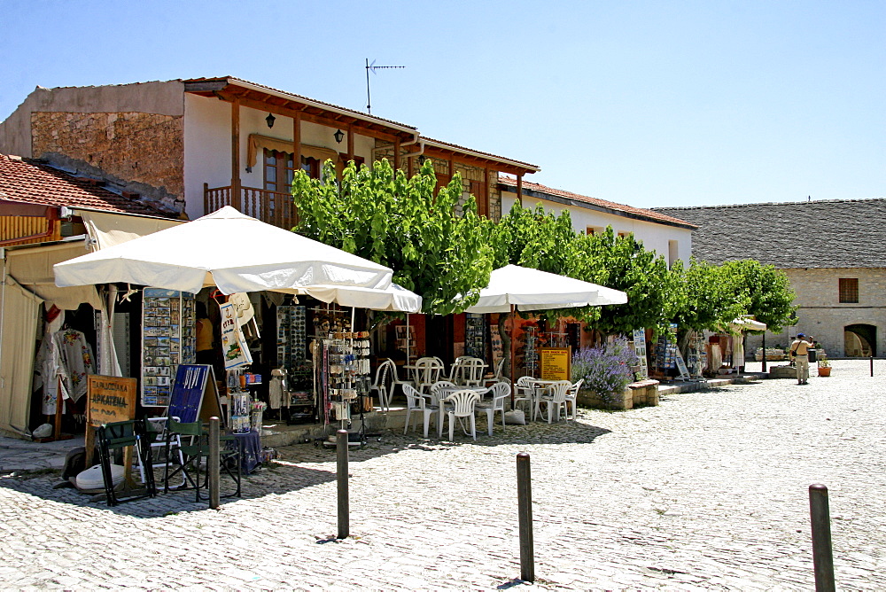 Souvenir shops selling handicrafts in the historic centre of Omodos, Cyprus Europe