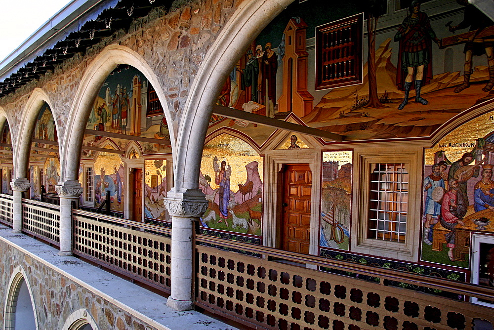 Wall mosaics on the cloister at Kykkos Monastery, Cyprus, Europe