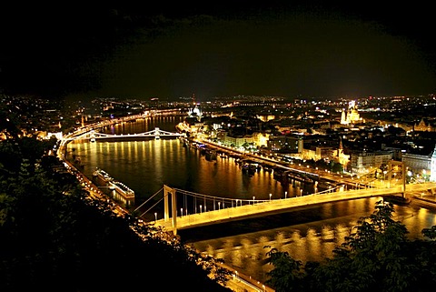 Panorama over Erzsebet Bridge or Elisabeth Bridge and Szechenyi Chain Bridge, night shot seen from Gellert Hill, Budapest, Hungary, Europe