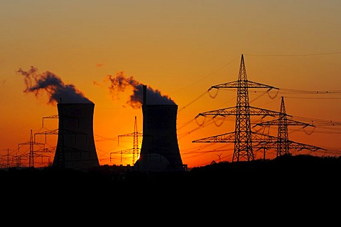 Cooling towers and power lines of the Grafenrheinfeld Nuclear Power Station, Lower Franconia, Bavaria, Germany, Europe