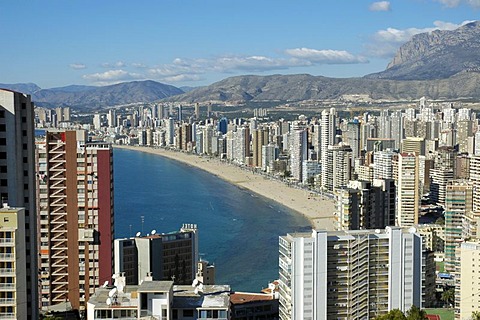 Cityscape of Benidorm with the beach Playa de Levante, Costa Blanca, Spain