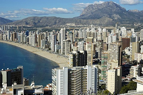 Cityscape of Benidorm with the beach Playa de Levante, Costa Blanca, Spain