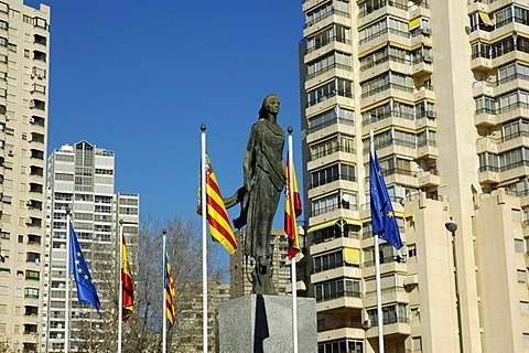 Sculpture and flags at the Europe square, Benidorm, Costa Blanca, Spain