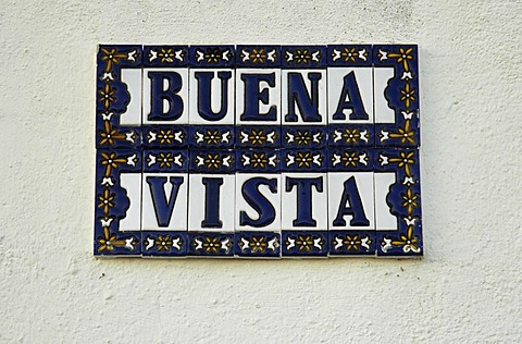 Spanish tiles on the wall of a house, azulejos buena Vista, Altea, Costa Blanca, Spain