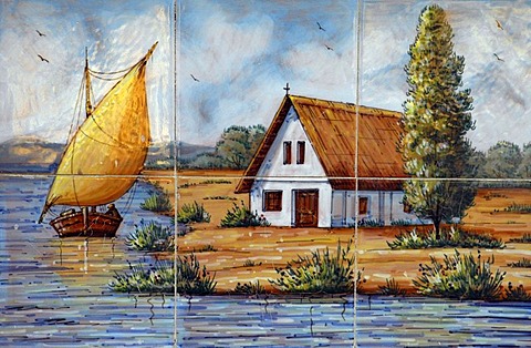 House at the river and sailing boat, Spanish tiles, azulejos, Altea, Costa Blanca, Spain