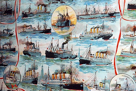 Depiction of historical steamships, shipping routes, ship lift Henrichenburg, Westphalian industry museum, Waltrop, channel, Dortmund Ems channel, museum, industry museum, route of the industry culture, NRW, Nordrhein Westphalia, Ruhr district, Germany