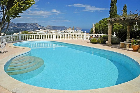 Luxurious swimming pool with view of the city and the coast, Altea, Costa Blanca, Spain